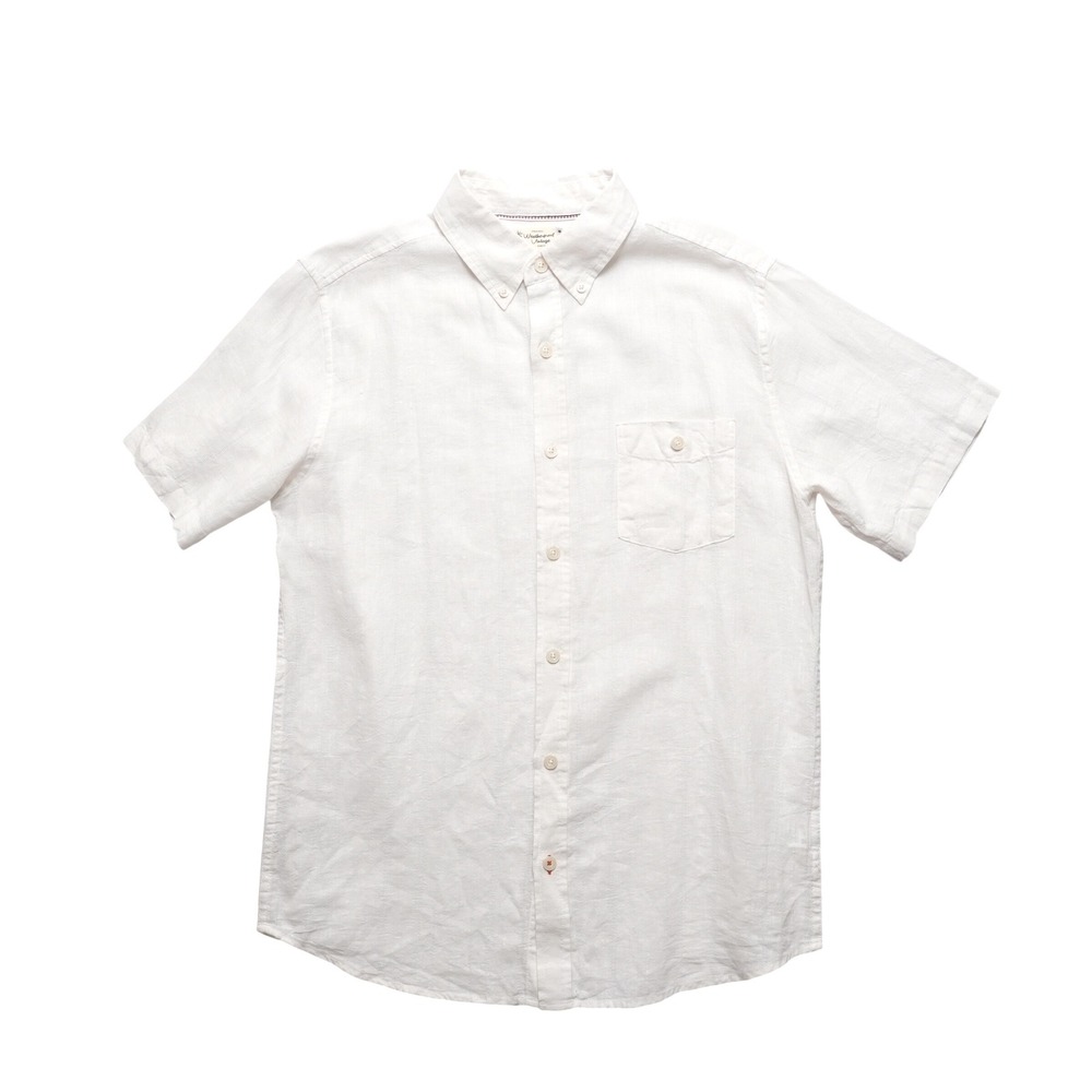 Weatherproof Vintage Button Down Shirt Men Medium White Linen Blend Short Sleeve